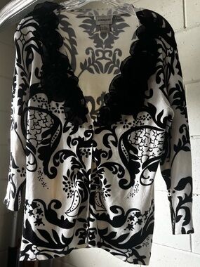 Vintage Black & White Floral Cardigan with Rosette Trim M